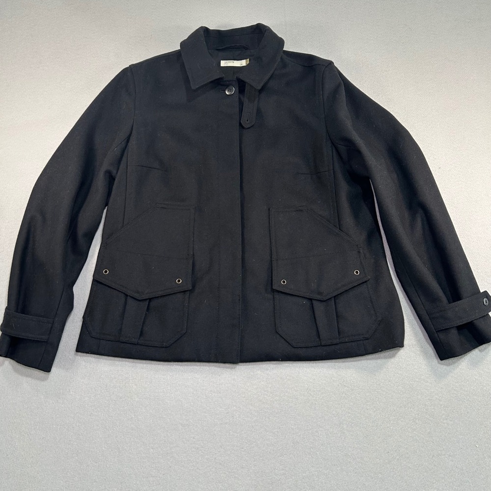 J.Crew Wool Blend Field Jacket Womens Large Black Utility Button Front Coat Y2K